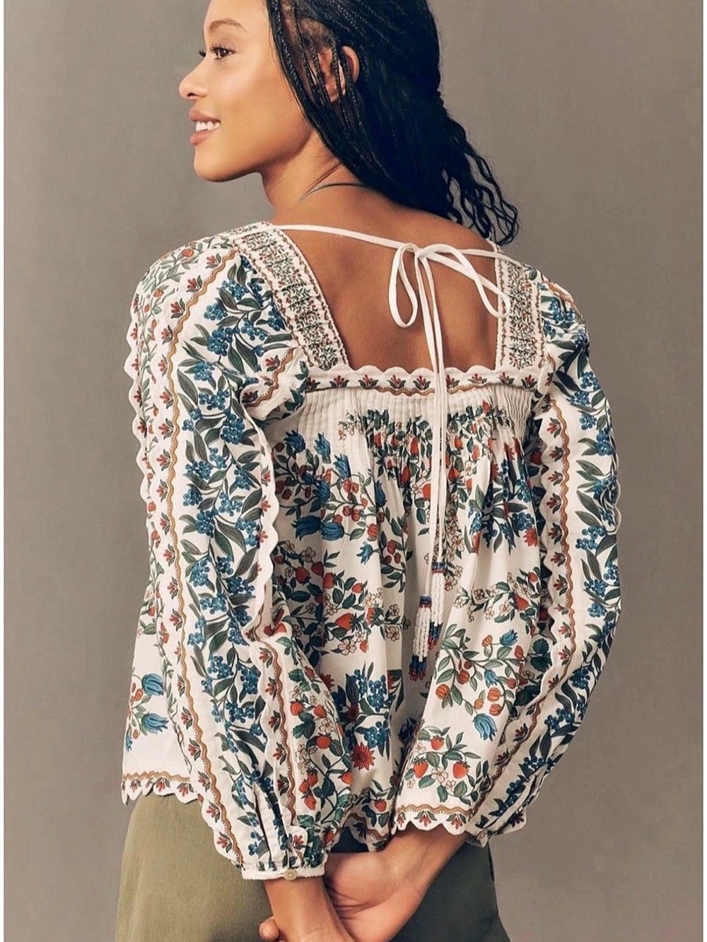 Farm Rio x Anthropologie Scalloped Tie-Front Blouse, White & Green